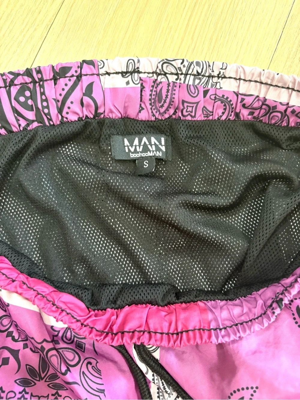 boohooMAN Mens S Pink Purple Bandana Print Swim Shorts Mesh Lined Paisley